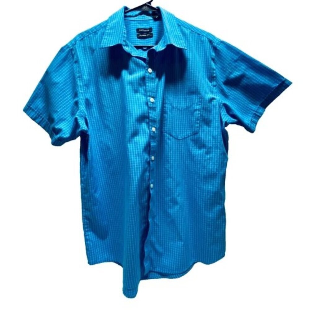 Van Heusen‎ Shirt Men's Large Short Sleeve Classic Fit Button Down Blue Grid EUC